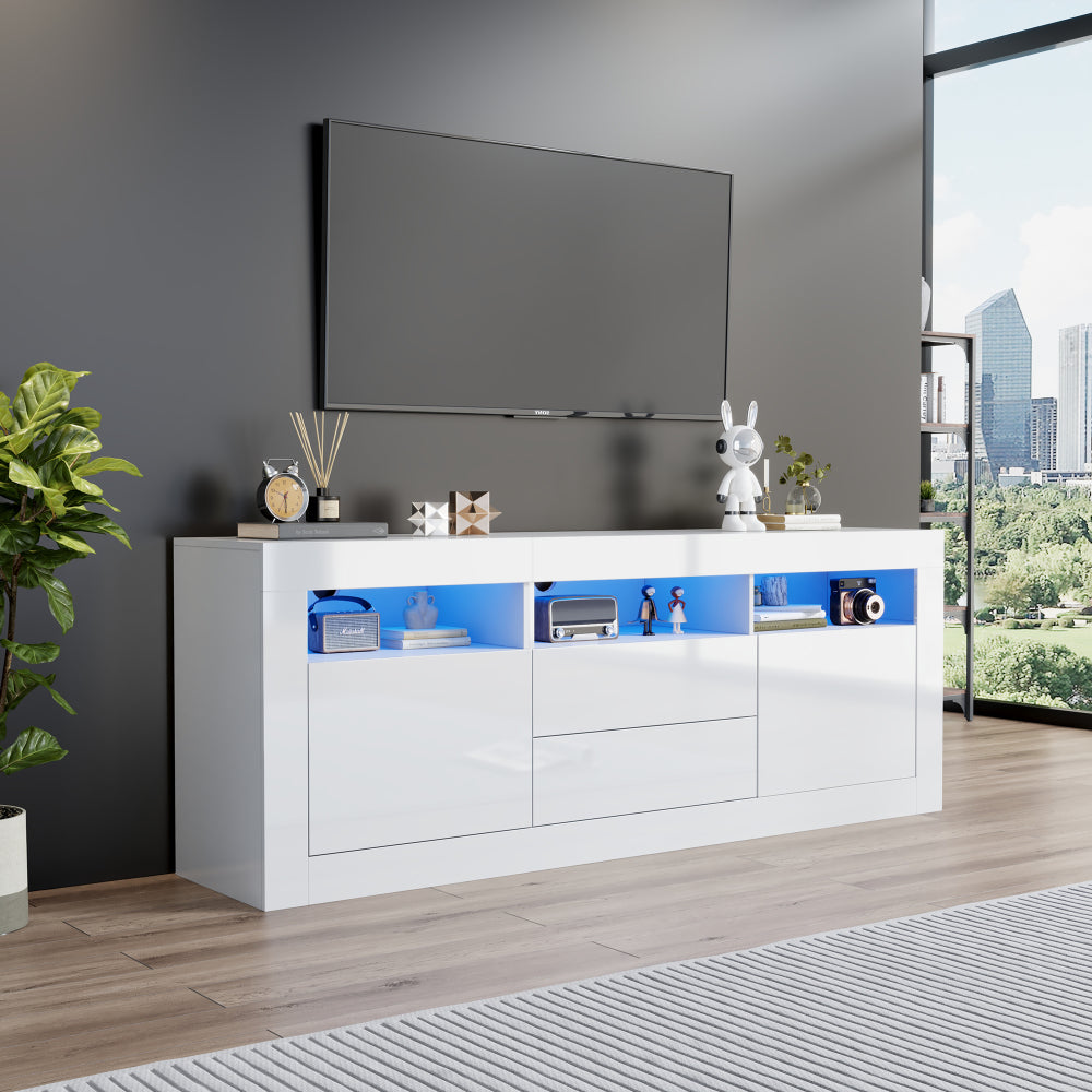 Modern High-Gloss Metal TV Stand for 70-Inch TVs with 3 Open Shelves, 2 Doors & 2 Drawers - Heavy-Duty Storage Entertainment Center, Minimalist Media Console for Living Room, Durable Metal Construction, Space-Saving Design, E