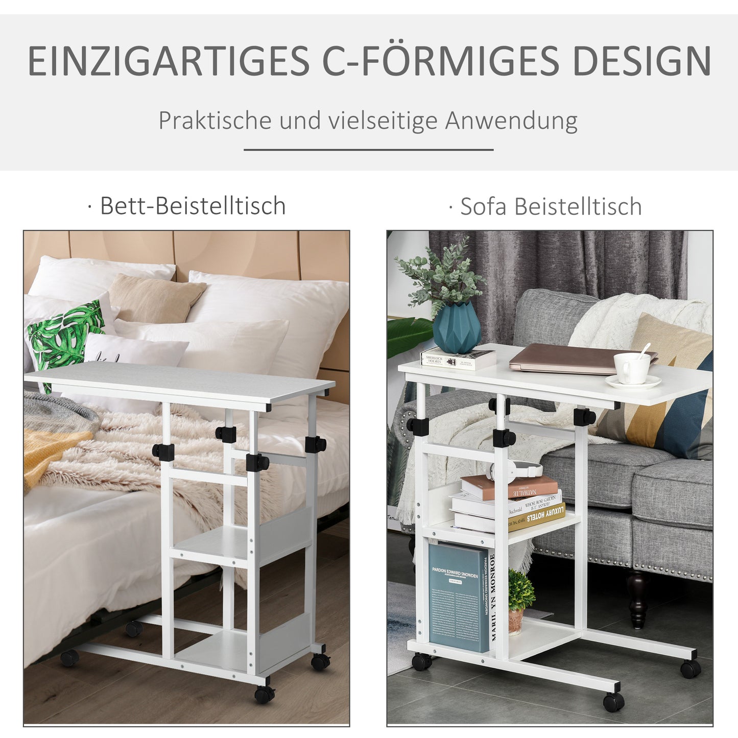 Zijtafeltje – Bijzettafel – Nachtkastje – Serveerwagen – Mobiel Tafeltje – Verstelbare Hoogte 72-82 cm – Metalen Frame Met 2 Opbergrekken