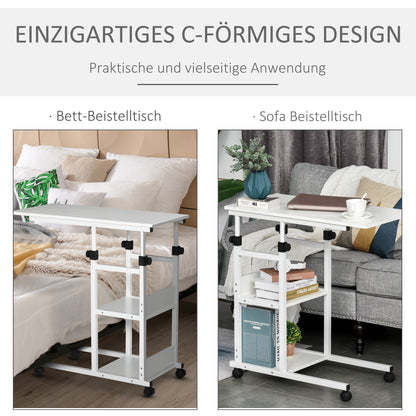 Zijtafeltje – Bijzettafel – Nachtkastje – Serveerwagen – Mobiel Tafeltje – Verstelbare Hoogte 72-82 cm – Metalen Frame Met 2 Opbergrekken