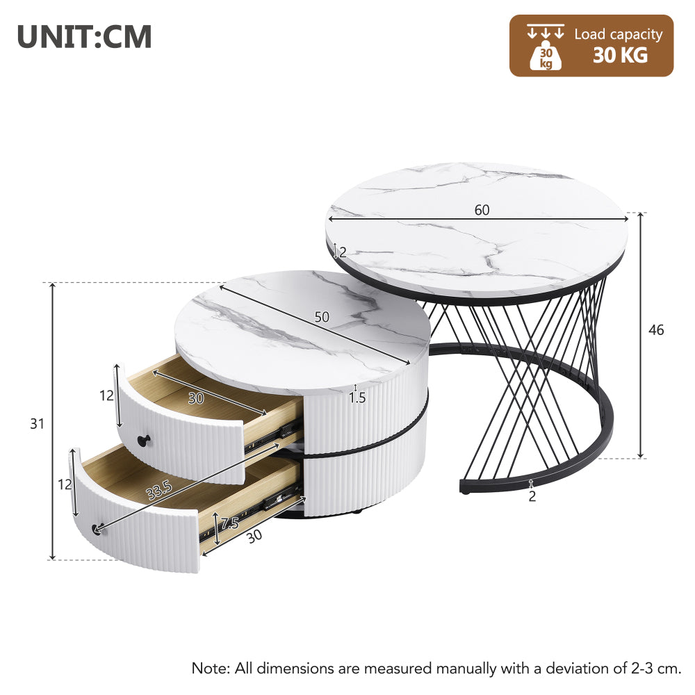 Salontafel – Koffietafel – Bijzettafel – Nesting Tafel – Opbergtafel – Nestbare Set Met Twee Lades – Metalen Frame – Rond Tafelblad – Moderne Design – Ruimtebesparend