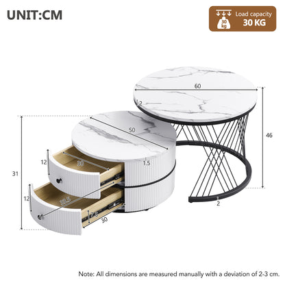 Salontafel – Koffietafel – Bijzettafel – Nesting Tafel – Opbergtafel – Nestbare Set Met Twee Lades – Metalen Frame – Rond Tafelblad – Moderne Design – Ruimtebesparend