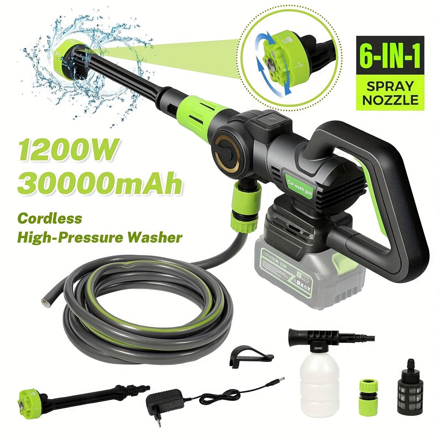 Hogedrukreiniger – Hogedrukspuit – Autoreiniger – Draadloze Spuit – Terrasreiniger – 1200W Brushless Motor – 6-in-1 Multifunctionele Sproeikop – Met 2 Accu’s