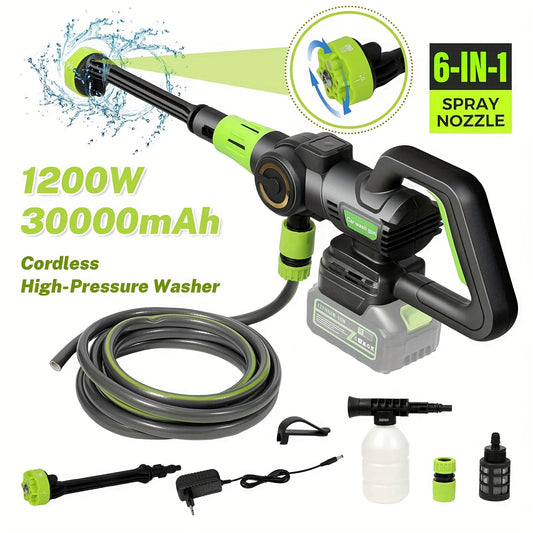 1200W Brushless High-pressure Car Washer Spray Handle Water Gun Cleaning 6in 1 Multi-function Nozzle Foam Wireless Car Wash, with 2 Batteries, Suitable for Cars And Gardens Powerful Cleaning Tools Adjustable Settings, Large F