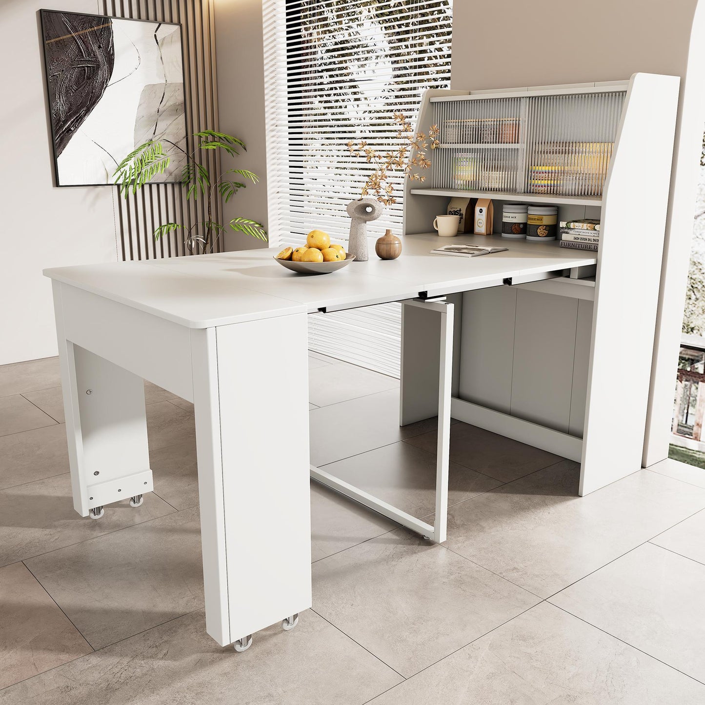 Uitschuifbare Eettafel – Verstelbare Tafel – Uitklapbare Tafel – Opbergtafel – Multifunctionele Eettafel – Wit Spaanplaat – Lengte 52-132,5 cm – Met Opbergruimte