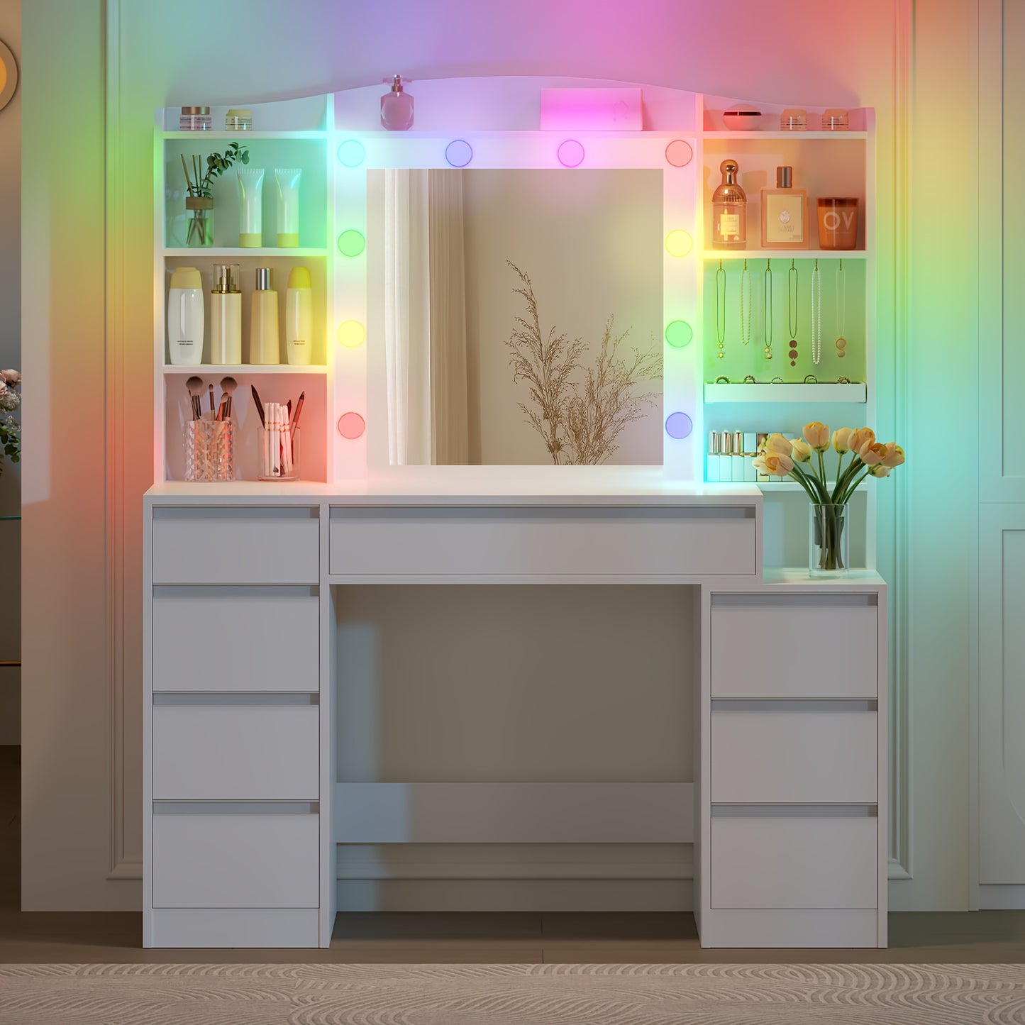 Make-up Tafel – Kaptafel – Schminktisch – Beautytafel – Make-up Organizer – LED Verlichting 3 Kleuren – Groot 90 cm Tafelblad – Wit