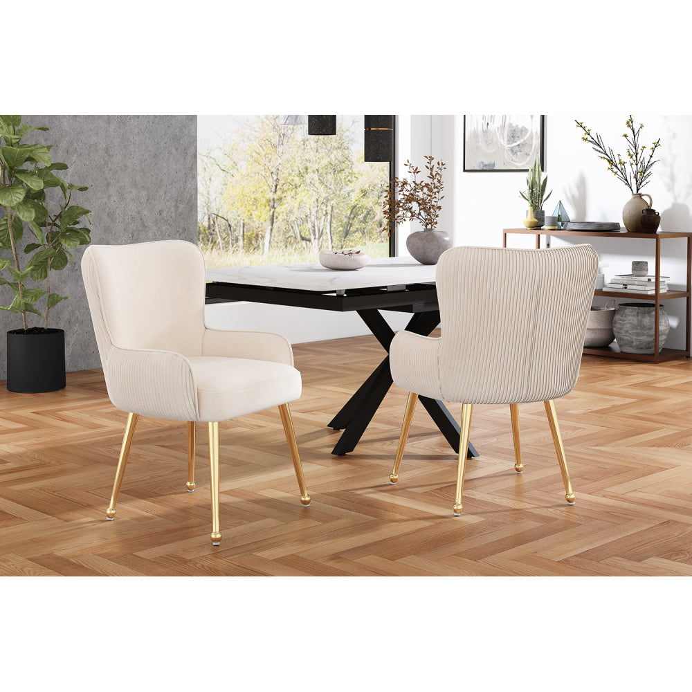Eetkamerstoel – Velvet Stoel – Kuipstoel – Set Van 2 – Luxe Design – Beige – Gouden Metalen Poten – Met Armleuningen – Verstelbare Glijders