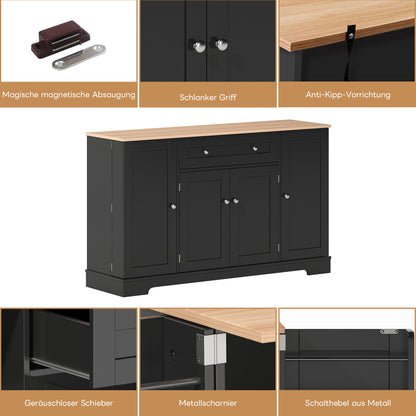 Buffetkast – Dressoir – Opbergkast – Serveerkast – Keukenkast – Modern Design – 138 CM Breed – Verstelbare Planken – Kantelbeveiliging – Zwart