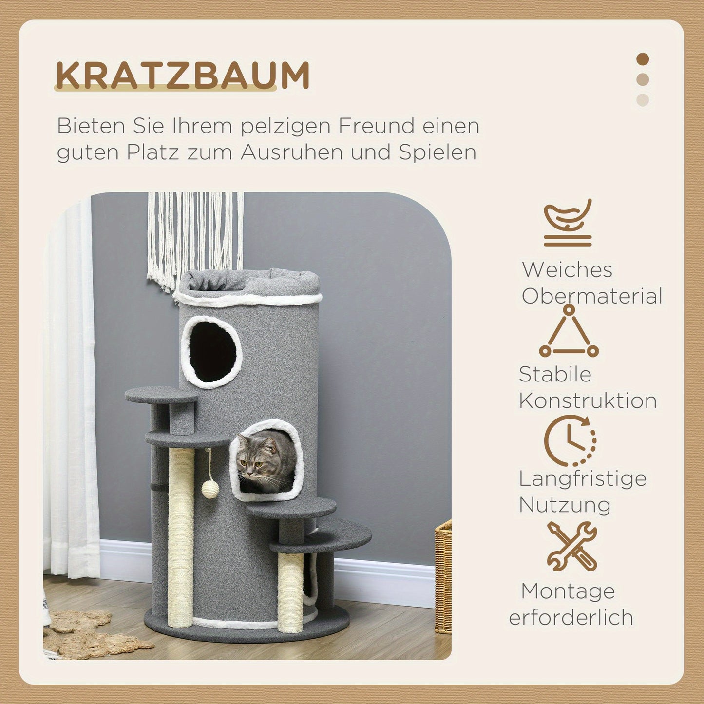 Kattenkrabton – Krabpaal – Krabmeubel – Kattenhuis – Kattenboom – Met Sisaltouw – 99 cm Hoog – Grijs Plush