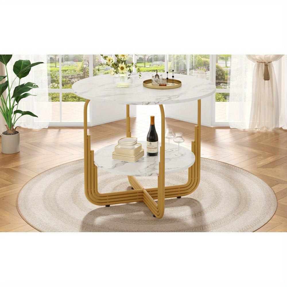 Eettafel – Ronde Tafel – Dinertafel – Keukentafel – Bistrotafel – Wit Marmerlook Blad – Goudkleurig Metalen Frame – Ø 80 x 76 cm – Inclusief Opbergplateau