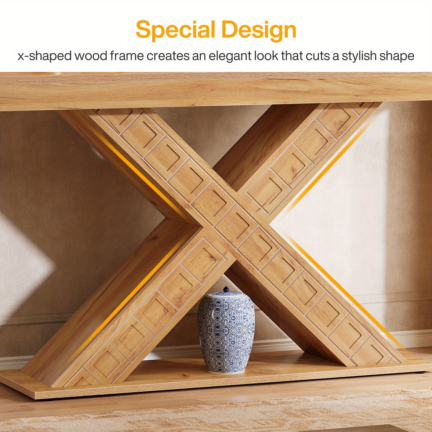 55 Inch Sidetable – Console Tafel – Halmeubel – Foyertafel – Smalle Tafel – X-Vormige Houten Basis – Robuust 2,95 Inch Dikte – 200 Kg Draagkracht