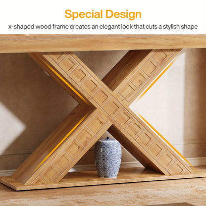 55 Inch Sidetable – Console Tafel – Halmeubel – Foyertafel – Smalle Tafel – X-Vormige Houten Basis – Robuust 2,95 Inch Dikte – 200 Kg Draagkracht