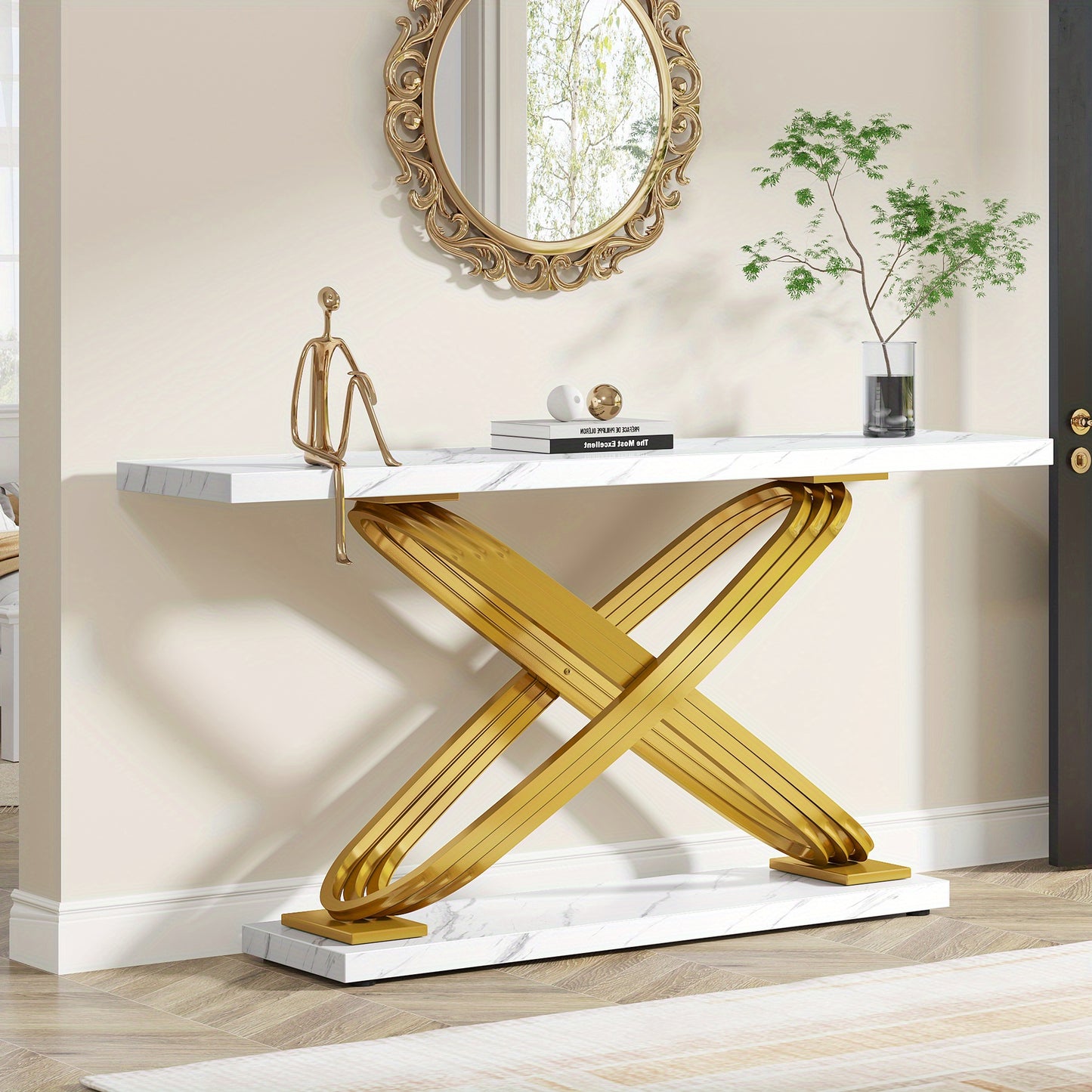 Sidetable – Consoletafel – Haltafel – Banktafel – Bijzettafel – Wit Faux Marmeren Blad – Gouden Metalen Frame – 139,7 cm Breed – Modern Design