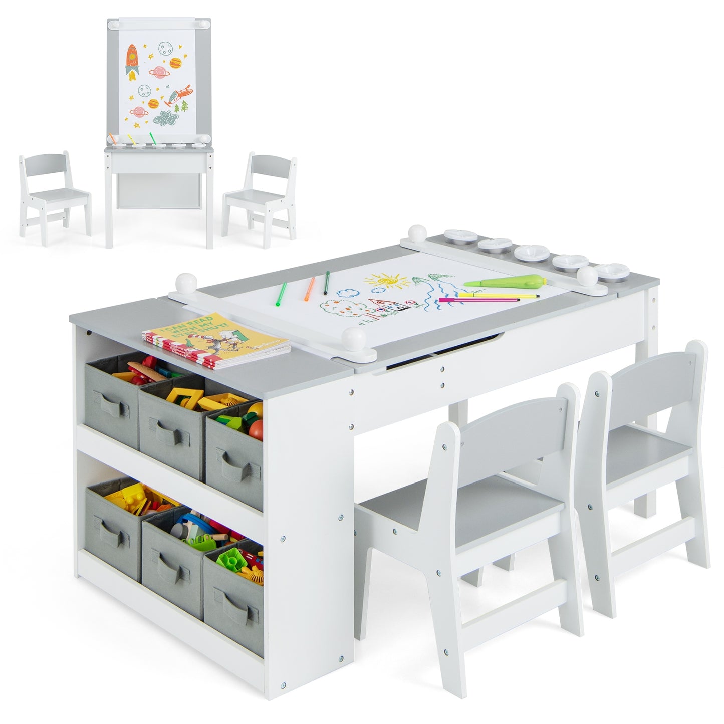 Kindertafel – Kinderbureau – Speeltafel – Knutseltafel – Schildersezel – Houten 3-in-1 Zetelset – Met Opbergruimte & Lift-Top Tafelblad – Grijs