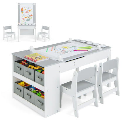 Kindertafel – Kinderbureau – Speeltafel – Knutseltafel – Schildersezel – Houten 3-in-1 Zetelset – Met Opbergruimte & Lift-Top Tafelblad – Grijs