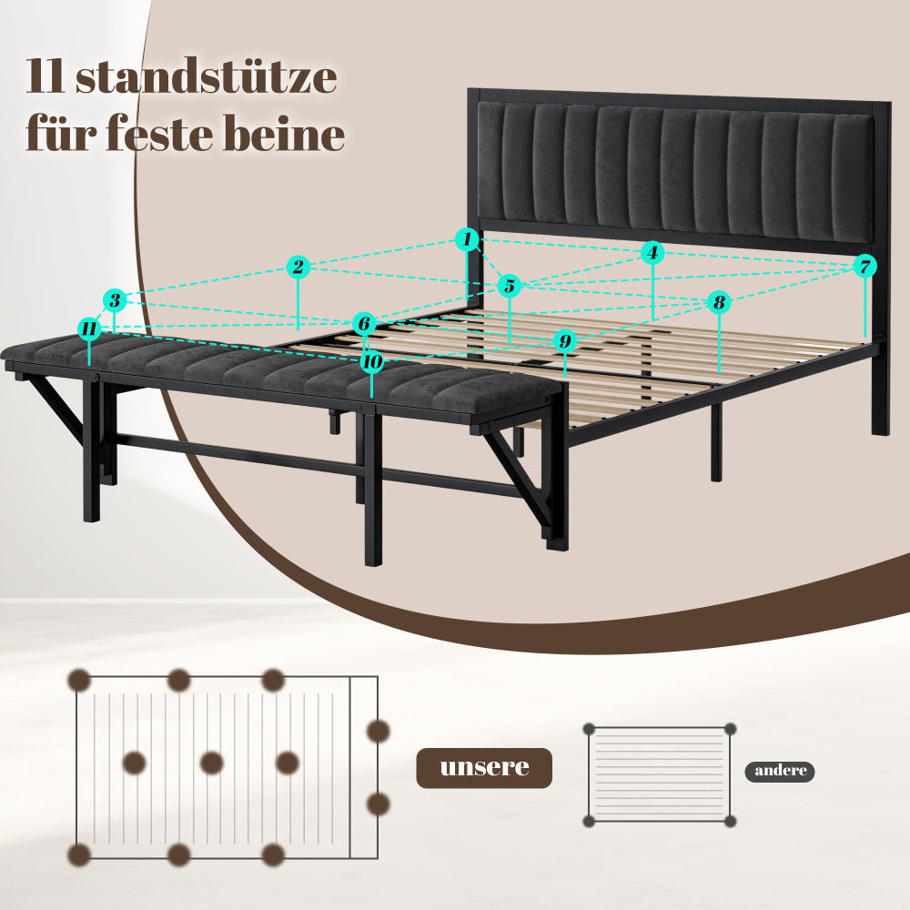 Bedframe – Tweepersoonsbed – Opbergbed – Gestoffeerd Bed – Slaapbank – Donkergrijs Fluwelen Bekleding – Inklapbare Zitbank – Hardhouten & IJzeren Frame – 140x200 cm