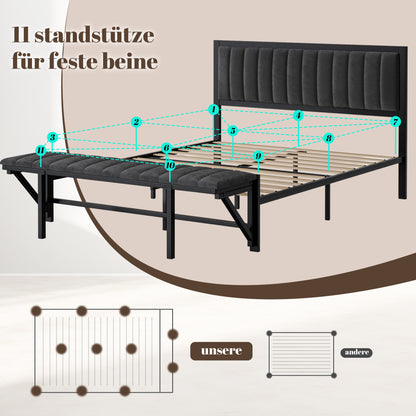 Bedframe – Tweepersoonsbed – Opbergbed – Gestoffeerd Bed – Slaapbank – Donkergrijs Fluwelen Bekleding – Inklapbare Zitbank – Hardhouten & IJzeren Frame – 140x200 cm