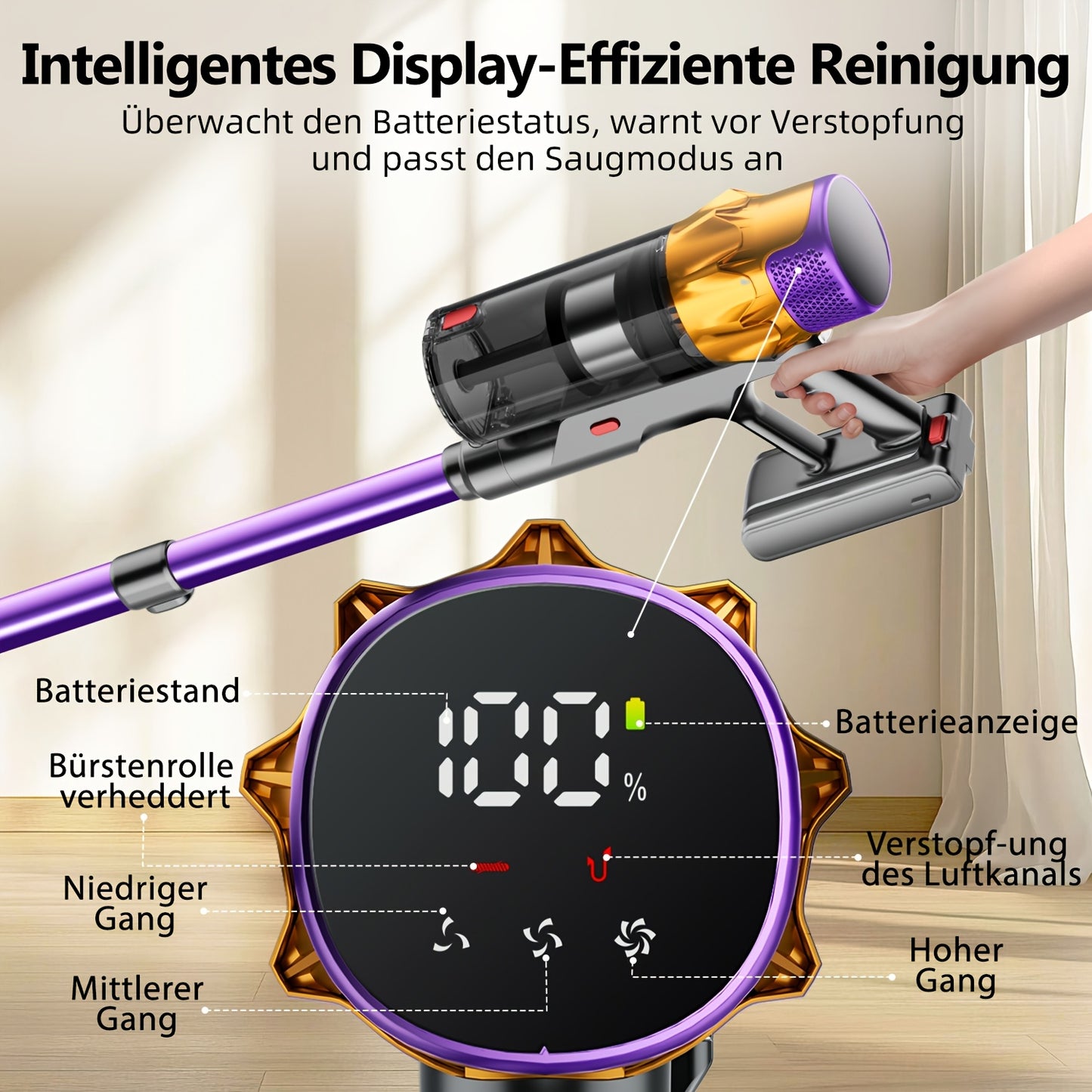 Authmic 2L Cordless Vacuum Cleaner 46000Pa/70Min Upgrade | With Display, Anti-Tangle Brush, Wall Charging Station, 8-Layer Filtration, Ultra-Quiet, Suitable for Pet Hair, Carpets, Hard Floors, Cars