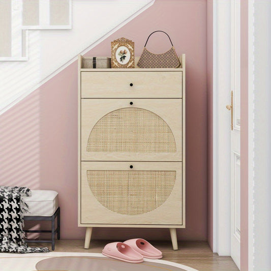Schoenenkast – Schoenenopberger – Schoenenrek – Halmeubel – Schoenenkast met 2 Deuren en Lade – Natuurlijke Hout en Rattan – 60 cm Breed – Verwisselbare Semironde Deurtjes – Dubbele Planken – Zonder Achterwand – Duurzaam Polyester Afwerking