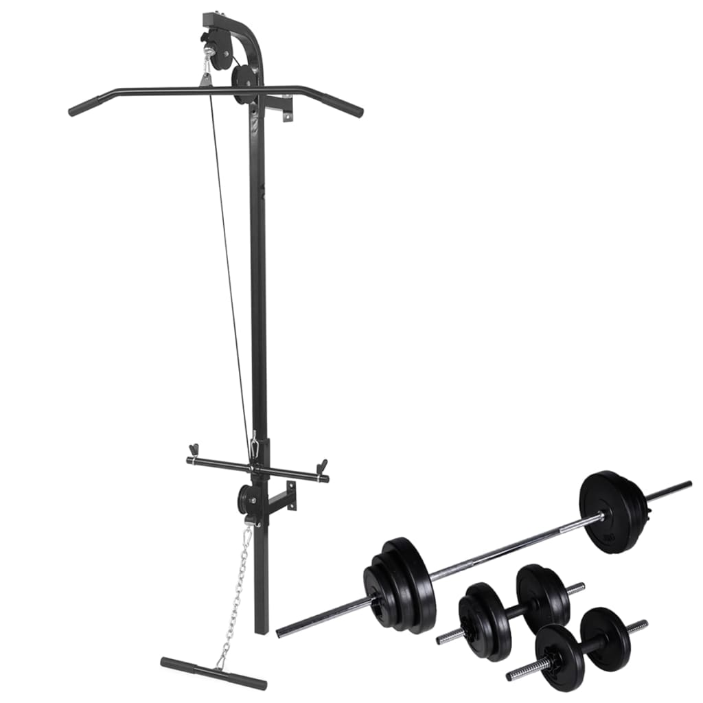 Power Tower – Krachtstation – Fitnessstation – Trainingsrek – Muurbevestiging – Compact Stalen Frame – Compleet Gewichtenset 30,5 kg – Antislip Handgrepen