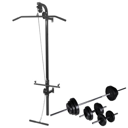 Power Tower – Krachtstation – Fitnessstation – Trainingsrek – Muurbevestiging – Compact Stalen Frame – Compleet Gewichtenset 30,5 kg – Antislip Handgrepen