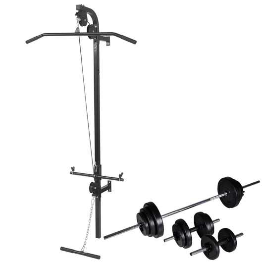 Power Tower – Krachtstation – Fitnessstation – Trainingsrek – Muurbevestiging – Compact Stalen Frame – Compleet Gewichtenset 30,5 kg – Antislip Handgrepen