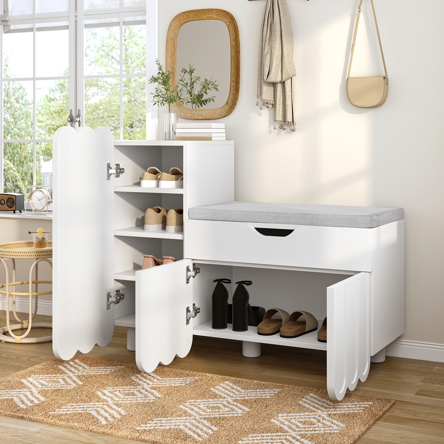 Schoenenkast – Schoenmeubel – Schoenrack – Schoenopberger – Schoenbank – Modern Wit – 3-Deurs – Zitbank – 3,2+ Kubieke Voet Opbergruimte – Duurzaam Niet-Houten Materiaal