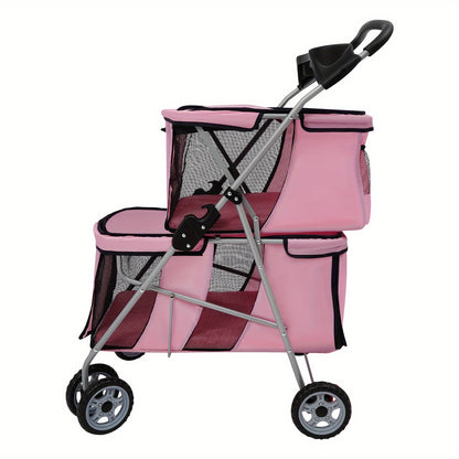 55*69*101cm Double-Tier Pet Stroller - Foldable, Durable Aluminum & Polyester Construction, Spacious Design with 4-Wheel Mobility, Easy to Use for Small & Medium Dogs