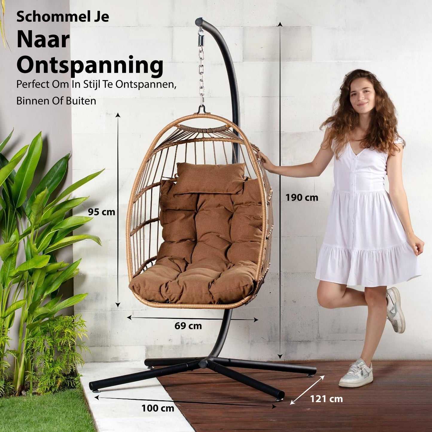 Hangende Ei-stoel – Hangstoel – Schommelstoel – Tuinstoel – Relaxstoel – Met Standaard – Draagvermogen 250 kg – Poedergecoat Stalen Frame