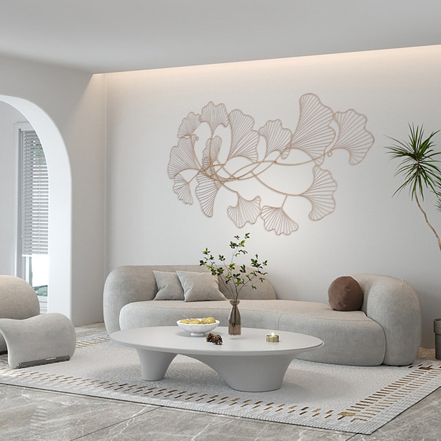 Ginkgo Wanddecoratie – Metalen Wandkunst – Muurdecoratie – Wandornament – Woondecoratie – Extra Lang 120x57 cm – Goudgele IJzeren Constructie – Handgemaakte 3D Bladdisplay – Inclusief Ophangset
