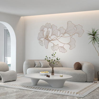 Ginkgo Wanddecoratie – Metalen Wandkunst – Muurdecoratie – Wandornament – Woondecoratie – Extra Lang 120x57 cm – Goudgele IJzeren Constructie – Handgemaakte 3D Bladdisplay – Inclusief Ophangset