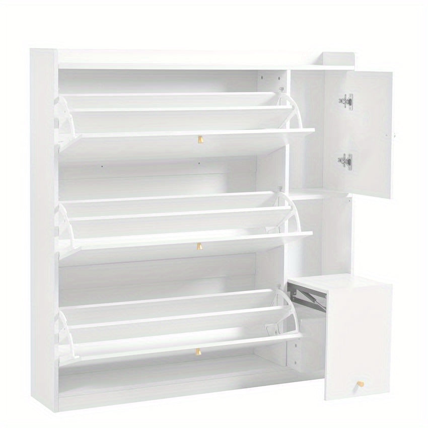 Schoenenkast – Schoenopberger – Schoenmeubel – Schoenrek – Schoenbank – Wit MDF – Kantelbare Lades en Opvouwbare Zitbank