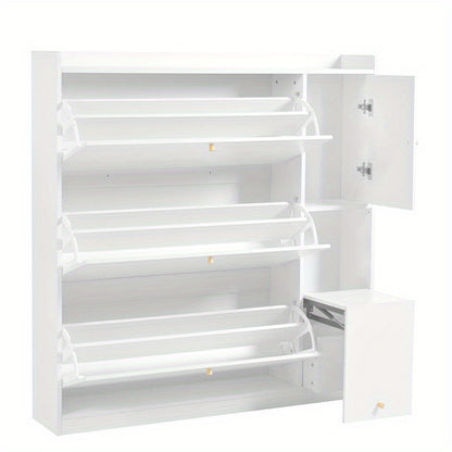 Schoenenkast – Schoenopberger – Schoenmeubel – Schoenrek – Schoenbank – Wit MDF – Kantelbare Lades en Opvouwbare Zitbank