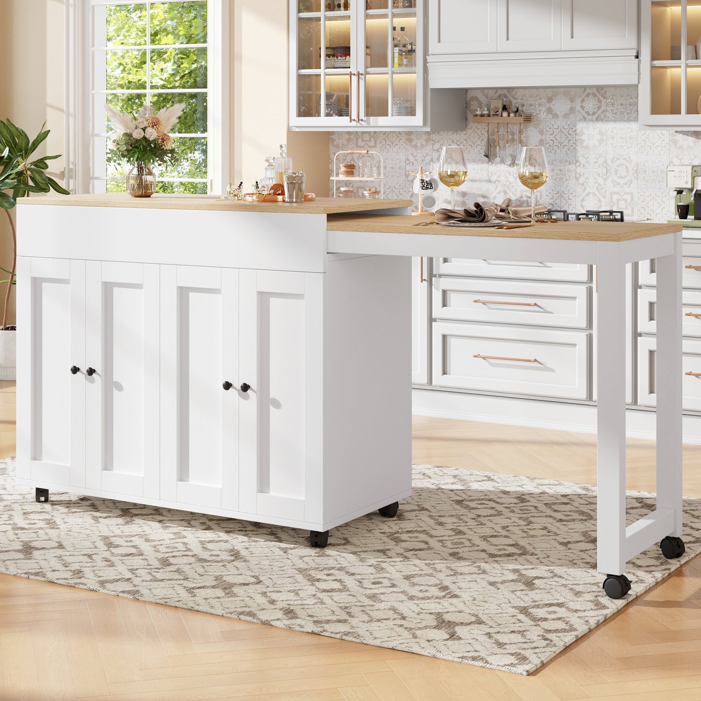 Uittrekbare Bar-/Eettafel – Uitschuiftafel – Keukentafel – Statafel – Werktafel – Met 6 Opbergruimtes – Verstelbaar Tafelblad 118-180 cm – Houtlook Wit