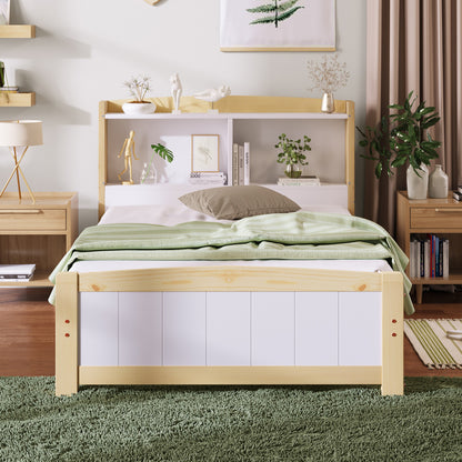Bedframe – Eenpersoonsbed – Kinderbed – Logeerbed – Slaapbank – Massief Houten Frame – Opbergruimte Hoofdeinde – 90x200 cm – Wit – Duurzaam – Eenvoudige Montage