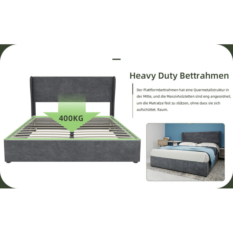 Bed – Ledikant – Slaapbank – Boxspring – Bedframe – Grijs Fluwelen Hoofdbord – Opbergruimte Met Gaslift – 160x200 cm – Modern Minimalistisch – Geen Montage Nodig