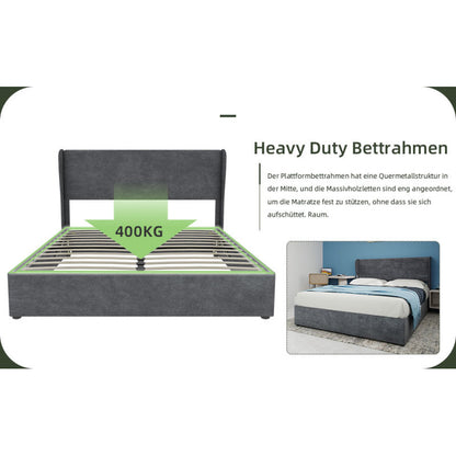 Bed – Ledikant – Slaapbank – Boxspring – Bedframe – Grijs Fluwelen Hoofdbord – Opbergruimte Met Gaslift – 160x200 cm – Modern Minimalistisch – Geen Montage Nodig