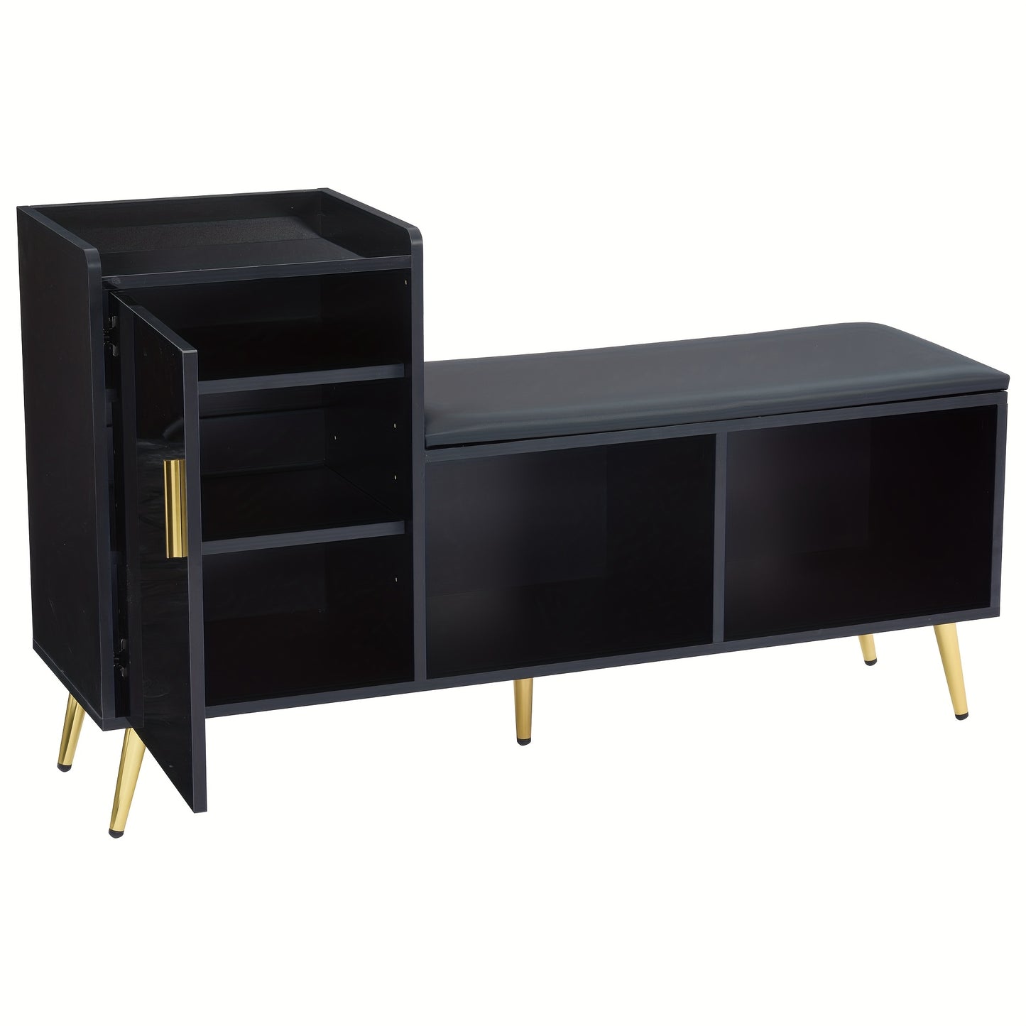 Schoenenbankje – Schoenenkast – Schoenenopberger – Schoenenrek – Schoenenbank – Bamboe Materiaal – Hoogglans Zwarte Afwerking – Ruimtebesparend Design – Goudkleurige Accenten