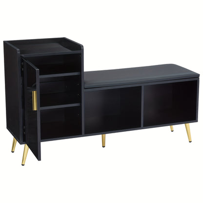 Schoenenbankje – Schoenenkast – Schoenenopberger – Schoenenrek – Schoenenbank – Bamboe Materiaal – Hoogglans Zwarte Afwerking – Ruimtebesparend Design – Goudkleurige Accenten