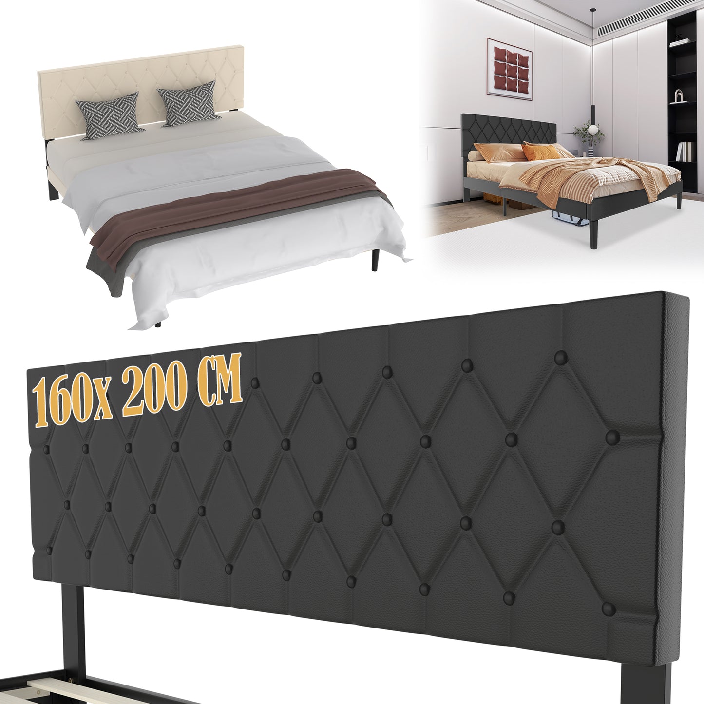 Bedframe – Gestoffeerd Bed – Tweepersoonsbed – Slaapkamer Bed – Ledikant – Lederen Hoofdbord – 160x200 cm – 300 kg Draagkracht – Eenvoudige Montage