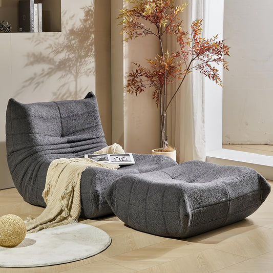Loungestoel – Zitzakstoel – Fauteuil Zonder Armleuning – Accentstoel – Voetenbank – Ergonomisch Ontwerp – Zachte Sherpa Stof – Grijs Pedal Style