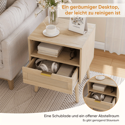 Nachtkastje – Bedkastje – Bijzettafel – Ladekastje – Tafel – Bohemian Stijl – Licht Eikenlook – Open Plank – Compact 45x40x55 cm