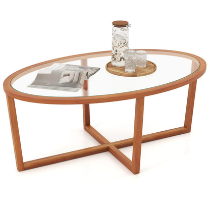 Salontafel – Woonkamertafel – Theetafel – Bijzettafel – Glazen tafel – Ovaal – Gehard glas – Massief acaciahouten poten – 118 x 71,5 x 47,5 cm