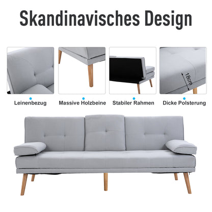 Slaapbank – 3-zitsbank – Bedbank – Uitklapbare Sofa – Stoffen Bank – Multifunctioneel Design – Inklapbaar Tafeltje Met Bekerhouders – Scandinavisch Design – Belastbaar Tot 250 Kg – Lichtgrijs Linnen Look