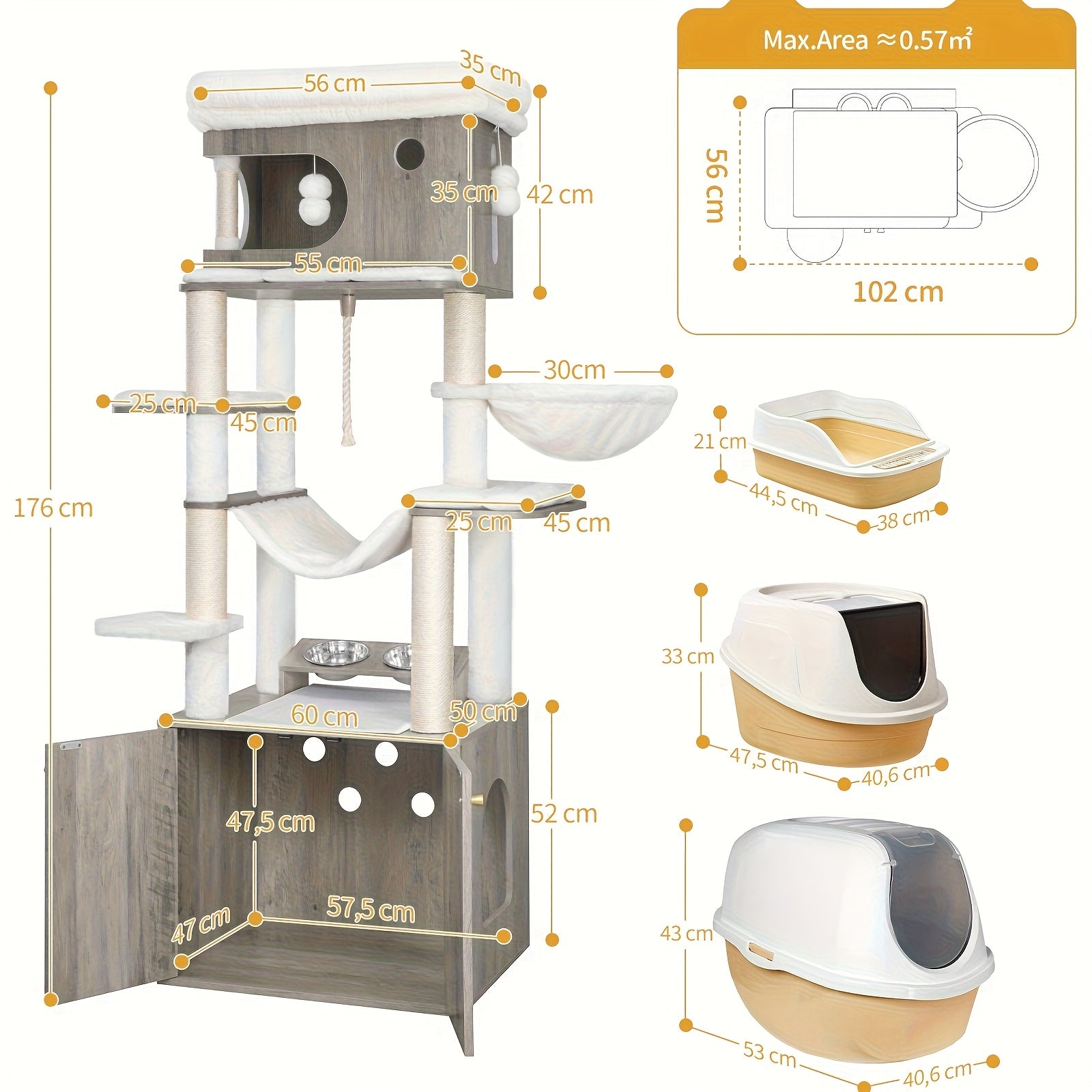 Multi-Level Modern Cat Tree Tower with Litter Box & Feeding Table - 70" Tall (176cm) Cat Tree with Large Platform, Sisal Scratching Posts, Hammock & Removable Washable Mat - Sturdy Construction, Space-Saving Design for Indoor - QUORE