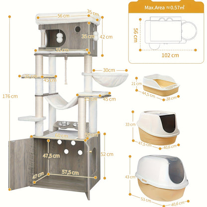 Multi-Level Modern Cat Tree Tower with Litter Box & Feeding Table - 70" Tall (176cm) Cat Tree with Large Platform, Sisal Scratching Posts, Hammock & Removable Washable Mat - Sturdy Construction, Space-Saving Design for Indoor - QUORE
