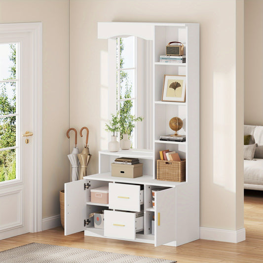 Multifunctional Entryway Cabinet with Storage Space, Shoe Cabinet, and Mirror | 2 Drawers and 2 Cabinets, Drawer Unit with Shelves, White, Floor Mount, Classic Style