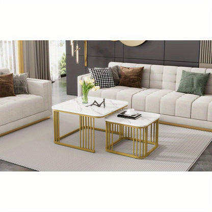 Salontafel Set – Bijzettafel – Tafeltje – Woonkamertafel – Tafel Vierkant – Hoogglans Marmerlook – Gouden Poten – Verstelbare Voetjes – MDF – 70x70x45 & 50x50x36,5 cm