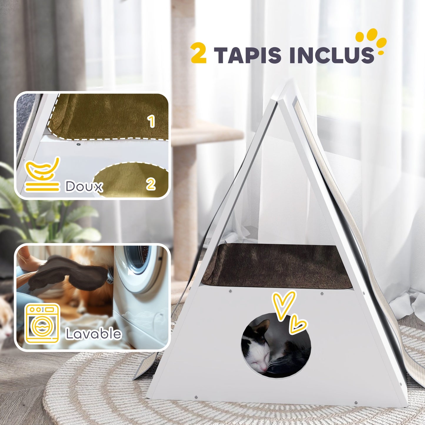 Kattenhuis – Kattenmand – Kattenhol – Kattenhut – Kattenverblijf – 2 Verdiepingen Met Matten – 4 Sisal Krabpalen – Hout – Wit-Beige