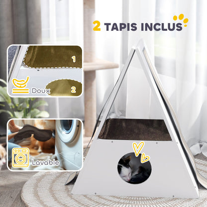 Kattenhuis – Kattenmand – Kattenhol – Kattenhut – Kattenverblijf – 2 Verdiepingen Met Matten – 4 Sisal Krabpalen – Hout – Wit-Beige
