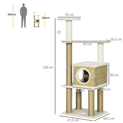 Kattenklimpaal – Krabpaal – Klimtoren – Kattenboom – Kattenhuisje – 128 cm Hoog – Duurzaam Zeegras & Zachte Pluche – Beige